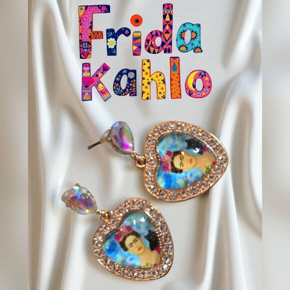 Frida Kahlo Heart-Shaped Gold Tone Crystal Accent Earrings - Picture 1 of 2